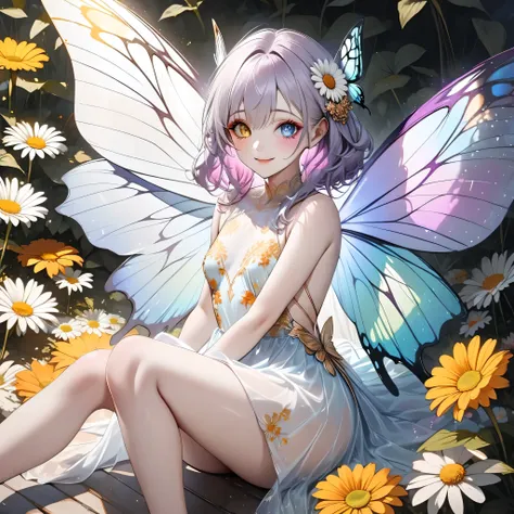 (Top quality, 8K, highest resolution, masterpiece, ultra-realistic)), ((Heterochromia, golden eyes, silver eyes)), ((Sitting with legs stretched out on a huge single daisy flower)), ((Odd-eyed fairy high school girl)), ((Heterochromia, golden eyes, silver ...