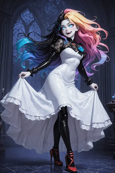 3D,Babe,FLUX,Semi Realistic,Vampire fangs teeth,Fang,midjourneylora,aidmaMJ6.1,a picture of magnificent  female vampire, busty, dynamic hair color, long hair, flowing hair,  pale skin, colorful hair, colorful eyes, glowing eyes, shining blue eyes, wearing ...