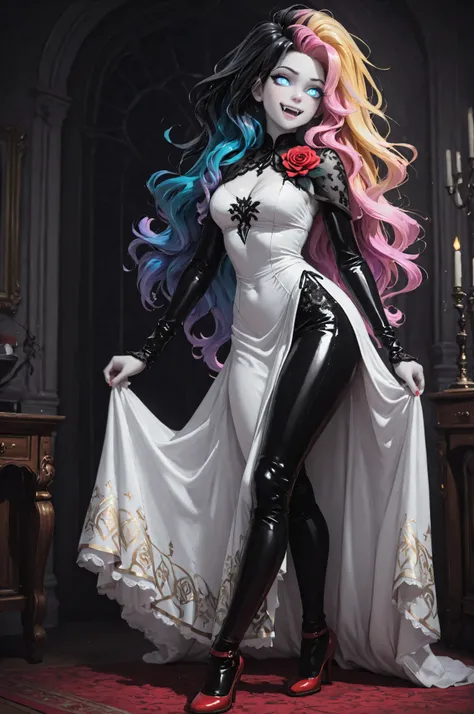 3D,Babe,FLUX,Semi Realistic,Vampire fangs teeth,Fang,midjourneylora,aidmaMJ6.1,a picture of magnificent  female vampire, busty, dynamic hair color, long hair, flowing hair,  pale skin, colorful hair, colorful eyes, glowing eyes, shining blue eyes, wearing ...