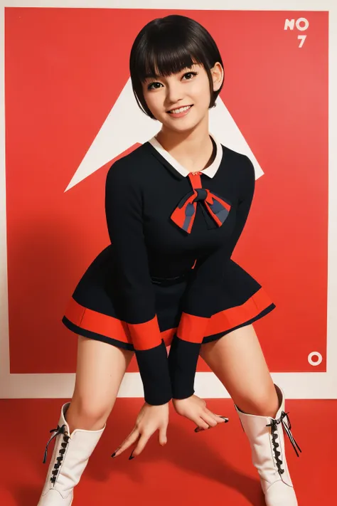 a chic 1960s mod girl vibe, playful smile, stylish girl in a bold geometric mini dress, (((awkward bowlegged half-crouch))), knee-high white boots, short bob haircut, dramatic eyeliner, vintage scooter parked on the street, colorful pop art backdrop