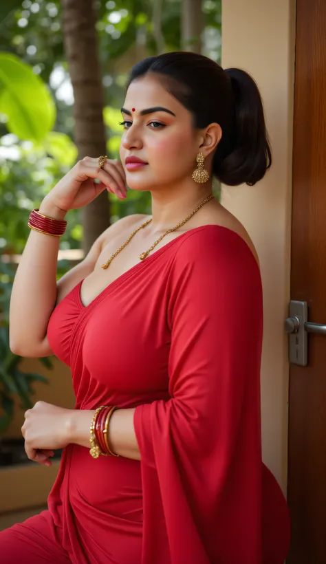 A mature Indian woman, voluptuous plus-size figure, beautiful face with defined cheekbones and red lipstick, hair pulled back tightly in ponytail exposing forehead, eyes closed with intense expression, standing against wooden frame, arms raised and secured...