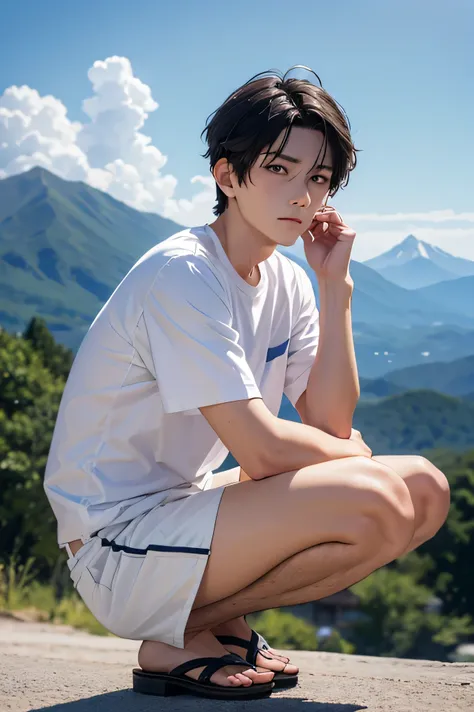  male　　Japanese　handsome guys　short hair　dark haired　　　whiteｔshirt　　White Shorts　crouching　face slightly upward and sad expression　　　　　　eyes　　The gaze is directed far away　　summer resort　 Plateau　 Resort　the background is a beautiful sky and mountains