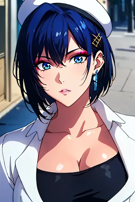 (masterpiece, best quality, high resolution, 8k:1.2), (anime coloring:1.2), highly detailed, tachibana, (medium breasts), blue eyes, short hair, blue hair, beautiful eyes, perfect eyes, fine eyes, brown eyes, featuring big highlights, detailed face, highly...