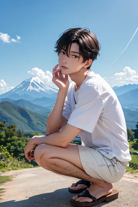  male　　Japanese　handsome guys　short hair　dark haired　　　whiteｔshirt　　White Shorts　crouching　face slightly upward and sad expression　　　　　　eyes　　The gaze is directed far away　　summer resort　 Plateau　 Resort　the background is a beautiful sky and mountains