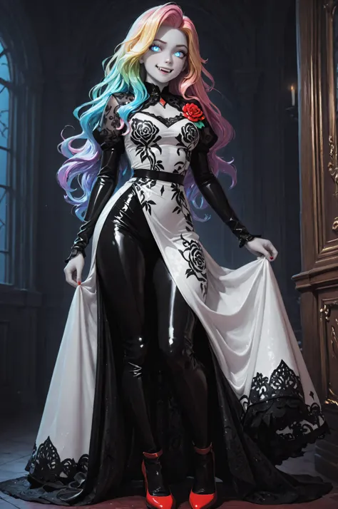 3D,Babe,FLUX,Semi Realistic,Vampire fangs teeth,Fang,midjourneylora,aidmaMJ6.1,a picture of magnificent  female vampire, busty, dynamic hair color, long hair, flowing hair,  pale skin, dark colorful hair, colorful eyes, glowing eyes, shining blue eyes, wea...