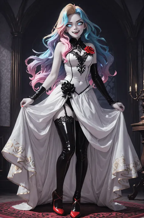 3D,Babe,FLUX,Semi Realistic,Vampire fangs teeth,Fang,midjourneylora,aidmaMJ6.1,a picture of magnificent  female vampire, busty, dynamic hair color, long hair, flowing hair,  pale skin, dark colorful hair, colorful eyes, glowing eyes, shining blue eyes, wea...