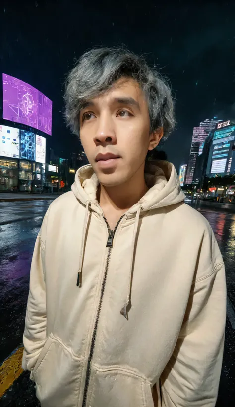masterpiece, ultra detailed, of distinguished man in cyberpunk style, rizzz, rizzz2, stylish gray hair, wearing cream thick hoodie zipper oversize , neon city lights bokeh background, cyberpunk urban night scene, holographic reflections on fabric, elegant ...