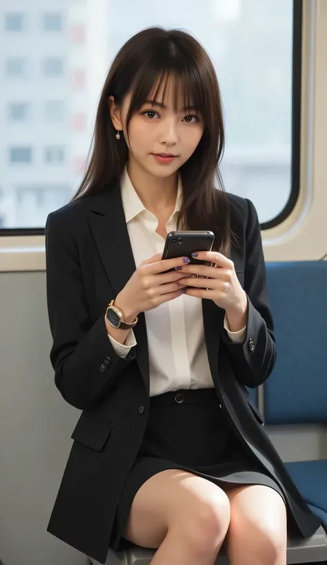 20-year-old East Asian woman sitting on a subway seat, full body visible from head to ankles. She wears a white blouse, fitted blazer, and black mini skirt. Knees and legs kept straight and close together, feet flat on the floor. Looking down at smartphone...