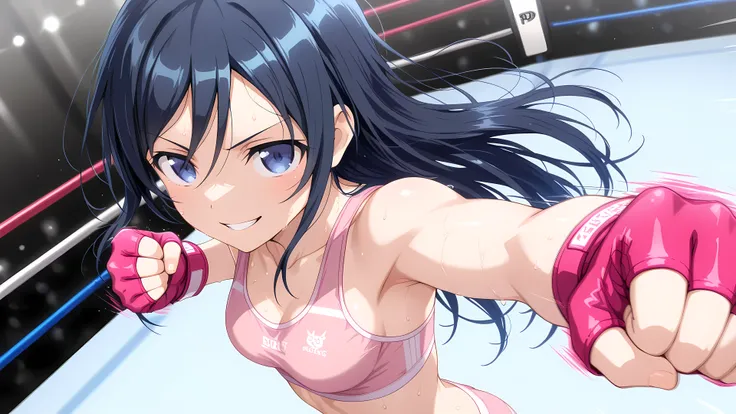 aragaki ayase, medium breasts, solo, (pink and white sports bra, pink and white boy-leg cut sports underwear, pink and white fingerless gloves), serious grin, well-toned slim body, little sweaty, looking at viewer, (extremely detailed eyes and face), stand...