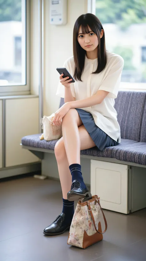high resolution on the coast, 4K, full body, alone, Detailed photo of a beautiful Japanese female office worker, Cute face expressed in detail, Looking at a cell phone, White blouse, pleated skirt with pompoms, navy blue socks , loafers, subway seat, Det...