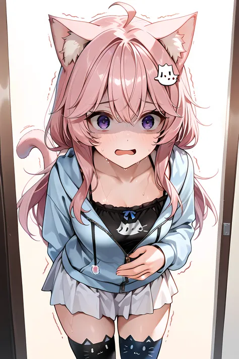 (VTuber_Nyanners, pink hair, long hair, cat ears, cat tail, purple eyes, blue hoodie, partially unzipped, long sleeves, camisole, cat print, white skirt, cat ear legwear, asymmetrical legwear, cat ear legwear, hair ornament, ahoge, bow),,VTuber_Nyanners, g...