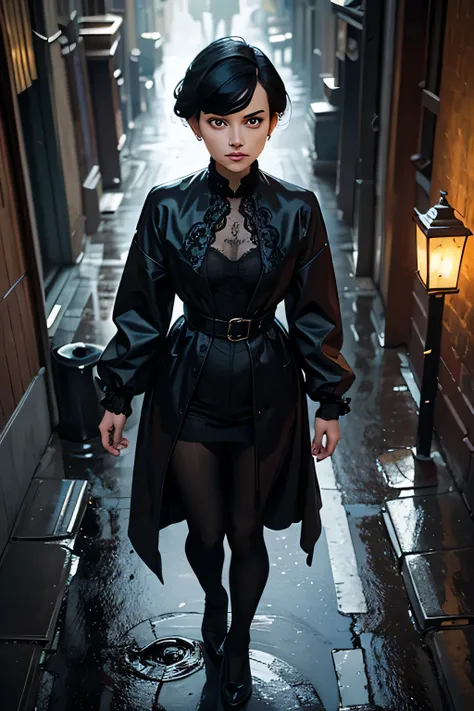  baroque pictorial style , dramatic half-length portrait of a woman dressed in a black Victorian silk raincoat standing gracefully, wearing a black crewneck sweater, pixie haircut, eyes that shine in light and dark, richly detailed fabrics with embroiderie...