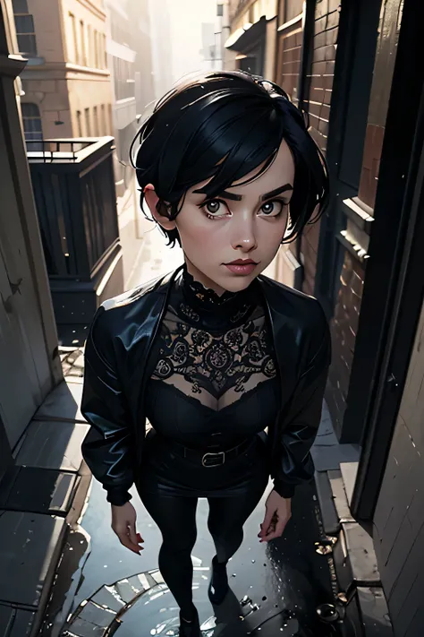  baroque pictorial style , dramatic half-length portrait of a woman dressed in a black Victorian silk raincoat standing gracefully, wearing a black crewneck sweater, pixie haircut, eyes that shine in light and dark, richly detailed fabrics with embroiderie...