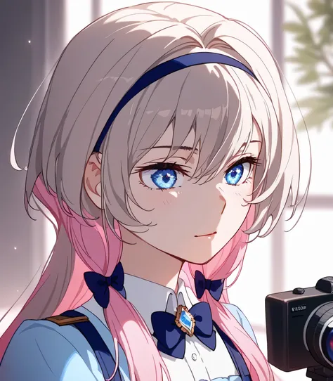 A young woman is shown with voluminous pastel pink hair that cascades down the shoulders in soft curls, adorned with a delicate band of light brown. Her behavior suggests a relaxed and reflective mood, as she rests her chin on her hands. She wears a pale b...