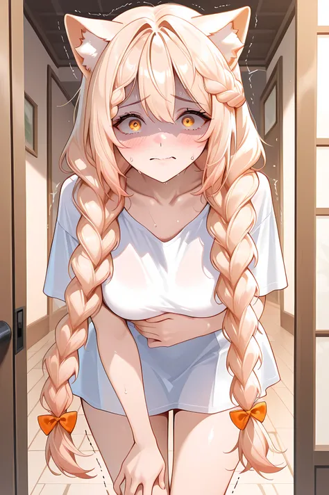ebikoVtuber, 1girl, yellow eyes, orange eyes, blonde hair, very long hair, twin braids, collarbone, blush, cat ears, animal ear fluff, hair bow, loose white shirt, general, masterpiece, highres, ultra-detailed, hyper-detailed, best quality,  amazing qualit...