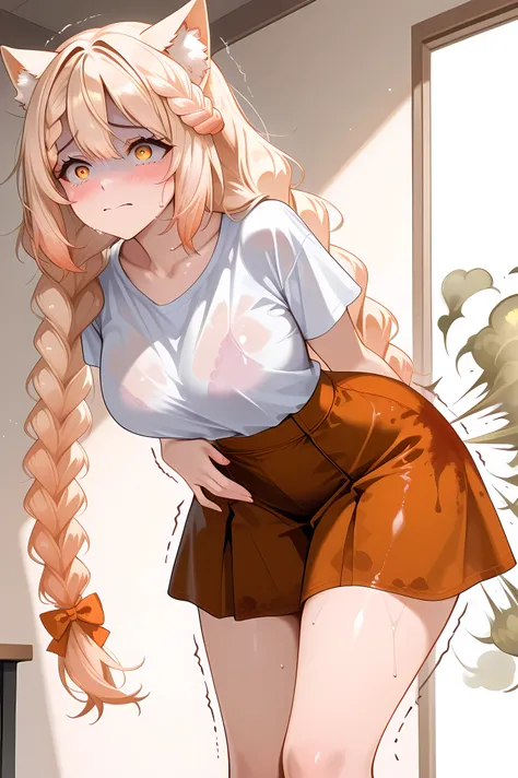 butt to viewer, ((wet fart)), farting, farting from backside, thick lined farts, ((stained_clothing)), puffy farts, watercolory farts, rippling fart effects, motion farting lines, vibrating butt effect,ebikoVtuber, 1girl, yellow eyes, orange eyes, blonde h...