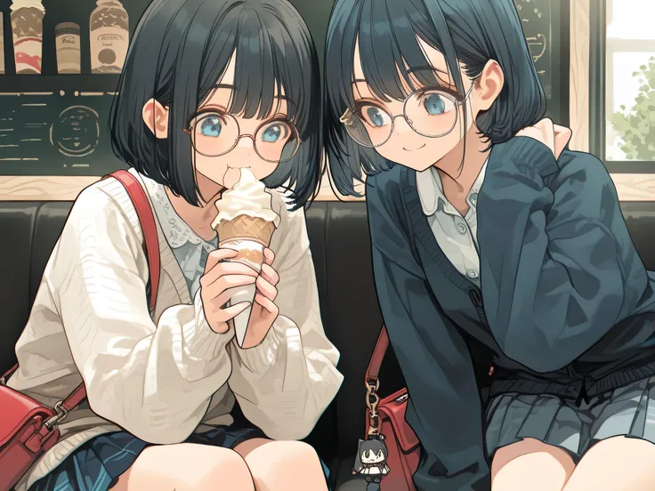 Two Japanese twin girls, both visible, sitting in a café, eating ice cream. 

Left girl: short bob slightly brownish black hair, blue eyes, calm expression, only she wears round glasses, holds ice cream cone carefully, posture straight, neat cardigan and p...