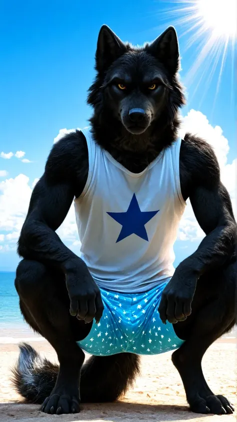 Male black wolf  Anthropomorphic o macho, hairy, Anthropomorphic , squatting, squatting front,  looking at the spectator, sleeveless white lycra t-shirt with star print, light blue lycra shorts,  clawed hands, clawed feet,  in front, viewer view, furry,   ...