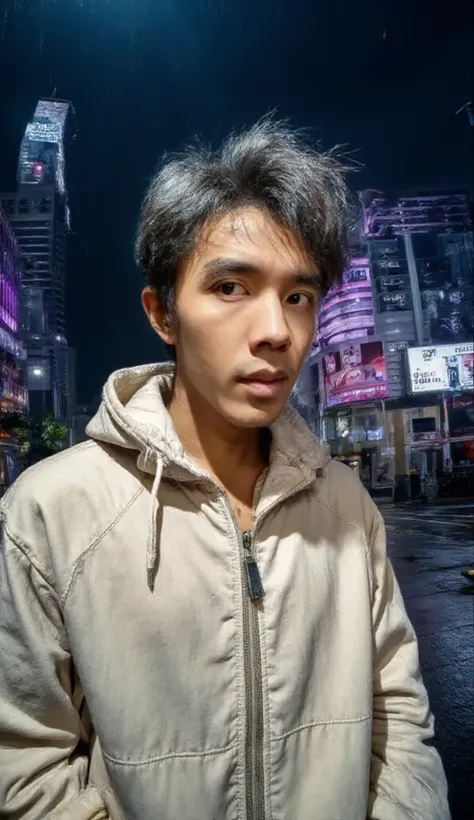masterpiece, ultra detailed, of distinguished man in cyberpunk style, rizzz, rizzz2, stylish gray short hair, wearing cream thick hoodie zipper oversize , neon city lights bokeh background, cyberpunk urban night scene, holographic reflections on fabric, el...