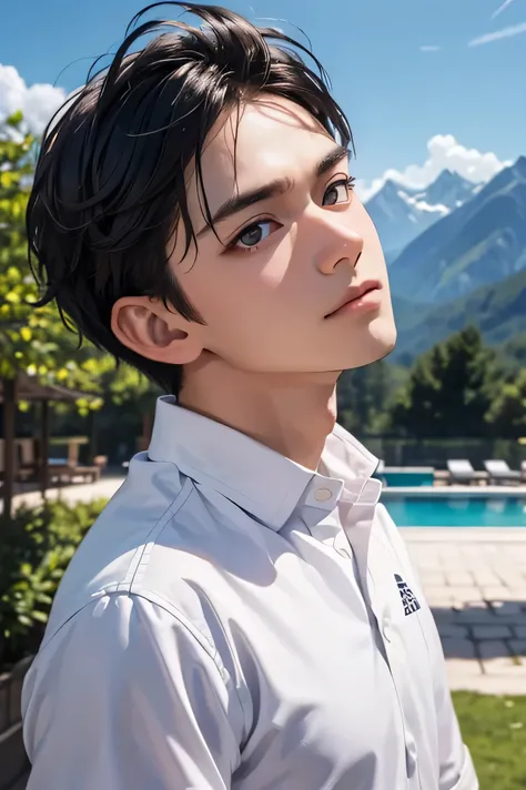 male handsome guys short hair dark haired whitetshirt White Shorts face slightly upward and sad expression The gaze is directed far away summer resort Plateau Resort the background is a beautiful sky and mountains Make Your Face Bigger