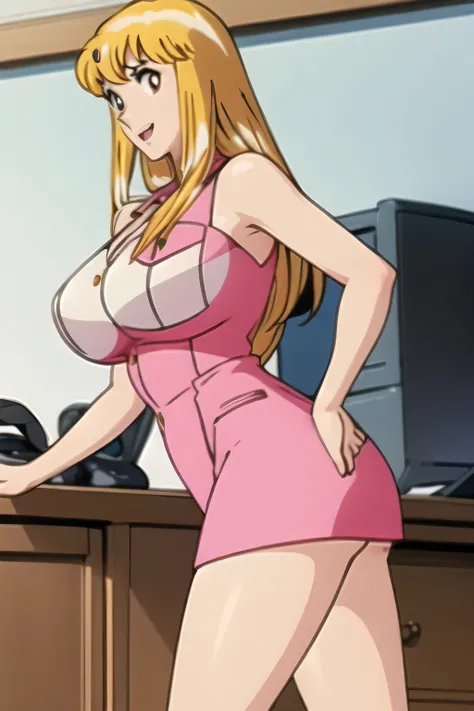 Can you draw a standing figure in front，Can you draw a pink American police uniform，micro mini skirt，can you delicately draw a smiling woman by looking at this，Beautiful woman in a miniskirt with huge breasts，Splendid Thighs，Beautiful legs，Sneakers，two hig...