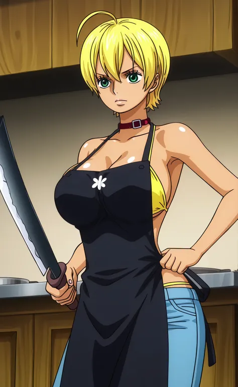 1female,solo,Mito Ikumi,blond hair,short hair,green eyes,grim,sexy,big boobs,yellow bikini,short jeans,black apron, pointing machete,kitchen,One Piece Anime Style