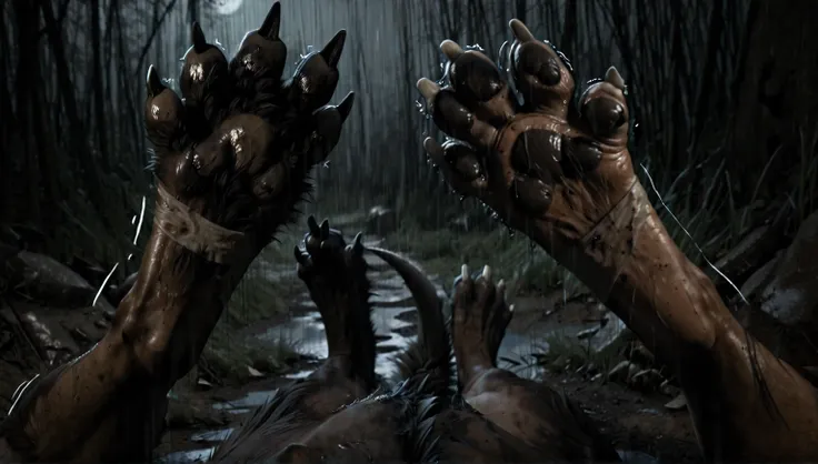 Pov:1.3, own body:1.3, closeup wolf foot, paw, ultra closeup feet, laying, wet, rain, grabbing foot:1.3, werewolf: 1.1, human morfing into wolf, mid transformation, skin:1.2, white nails, human nails:1.1, splayed, torn shoes, transfur, shaking, field, gras...