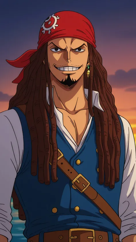 1male,solo,Captain Jack Sparrow,brown hair,long hair,dreadlock,black eyes,goatee,evil grin,red bandana,white shirt,blue vest,earring,neckless,brown belt,ring,sea,sunset,One Piece Anime Style