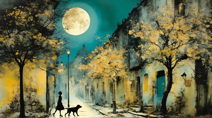 layered, a lovely girl walks her dog throuth a street of an old city, whimsy mood, moody colors by Georges Clairin, background surreal garden and a big tree, floral motif, night with a big moon by Gerald Scarfe with pattern, gold leaf details.