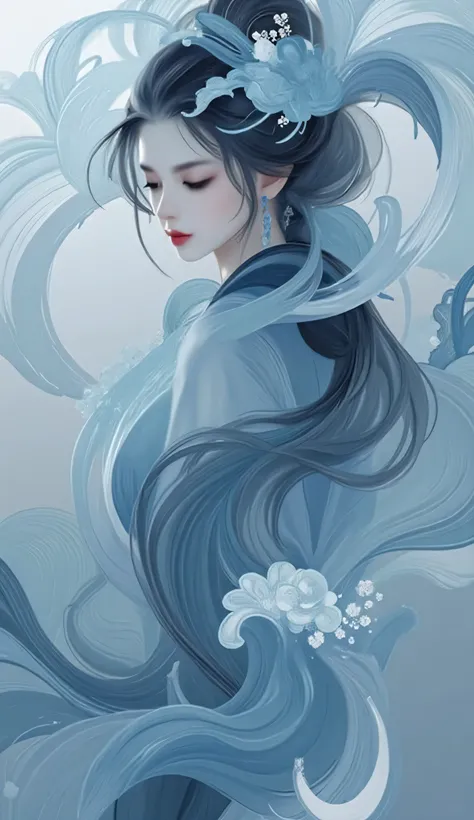 dis211.a painting or illustration that combines elements of both photography and painting. It features a stylized depiction of an asian woman with flowing hair, set against a backdrop of swirling water splash and waves. The gotteslike woman's serene expre...