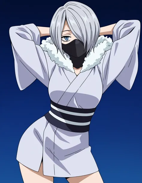 y4nagi, hair over one eye, short hair, grey hair, blue eyes, grey kimono, short kimono, long sleeves, wide sleeves, fur trim, black sash, ninja mask, kneehighs, anime screencap, high quality, closed mouth, solo, cowboy shot, night sky, ghost house, arms be...