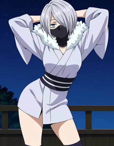 y4nagi, hair over one eye, short hair, grey hair, blue eyes, grey kimono, short kimono, long sleeves, wide sleeves, fur trim, black sash, ninja mask, kneehighs, anime screencap, high quality, closed mouth, solo, medium shot, night sky, ghost house, arms be...