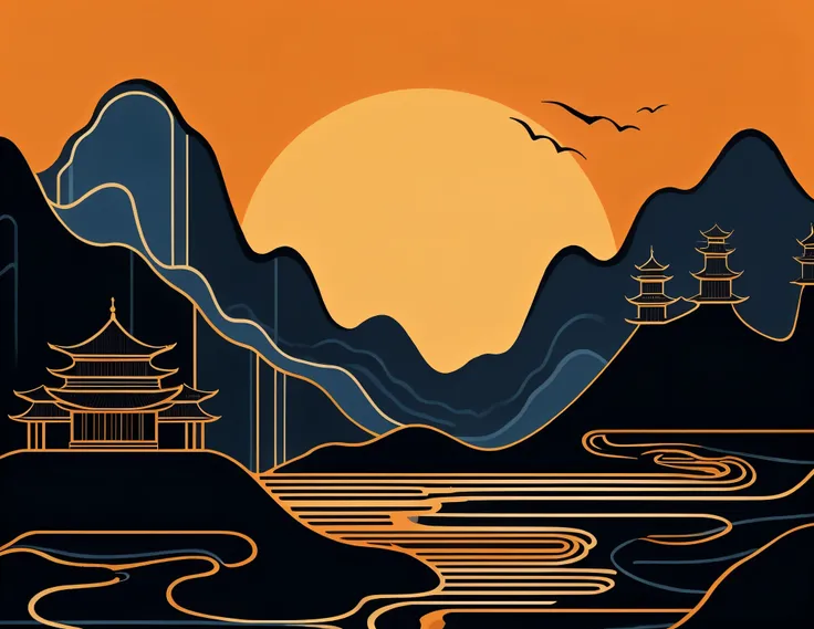 Minimalist art, black and blue form mountains and rivers, golden Chinese palaces on the mountains, line silhouette art, large orange background, intuitive art, strong color contrast