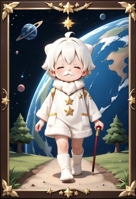 cartoon, comical, chibi, solo, personification, fusion of old-man AND Earth, tareme, closed eyes, white mustache, white goatee, hands, foots, holding cane, walking, space field, star, planet, tree, grass, dirt,