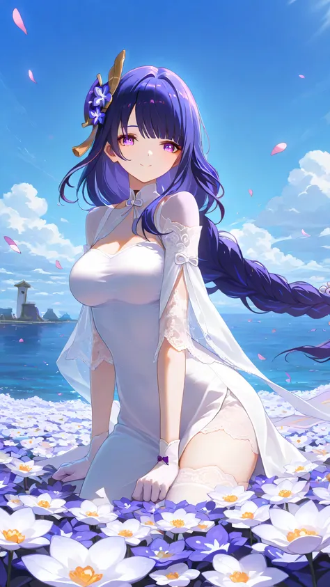 1 girl, From_Raiden Shogun\( Genshin\),Raiden Shogun,white long cheongsam,Black Silk,Lace,Gloves,Smile,Shy,outdoor,Flowers,blue sky and white clouds,Sea of Flowers, Highly Detailed, High Contrast, ray tracing, best lighting , cinematic composition, Prett...
