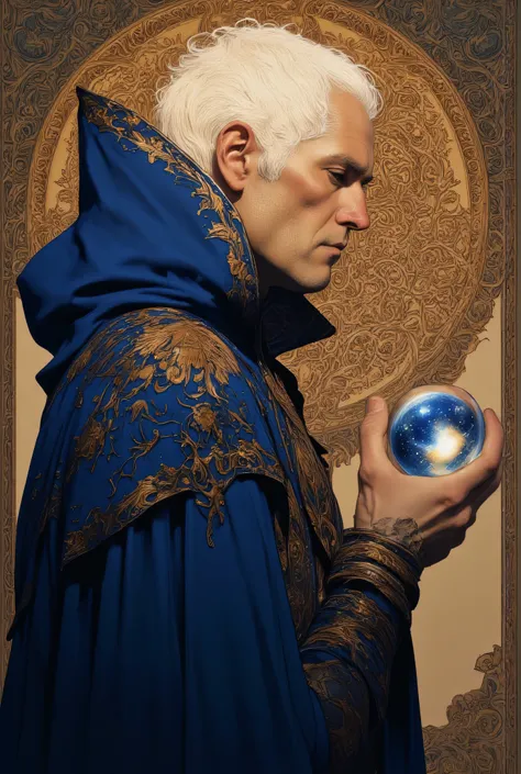 A digital illustration shoot from a profile camera angle about a portrait of a old man with white hair wearing a hooded cloak, set against an ornate background featuring intricate patterns and vibrant colors. the man is holding a glass sphere with galaxy i...
