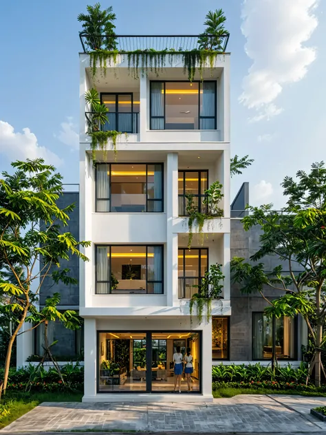 neo classical villa on street, tropical tree, vivid colour, streetcapes, black detail, white wall, large glass door, warm interior lighting, best quality,