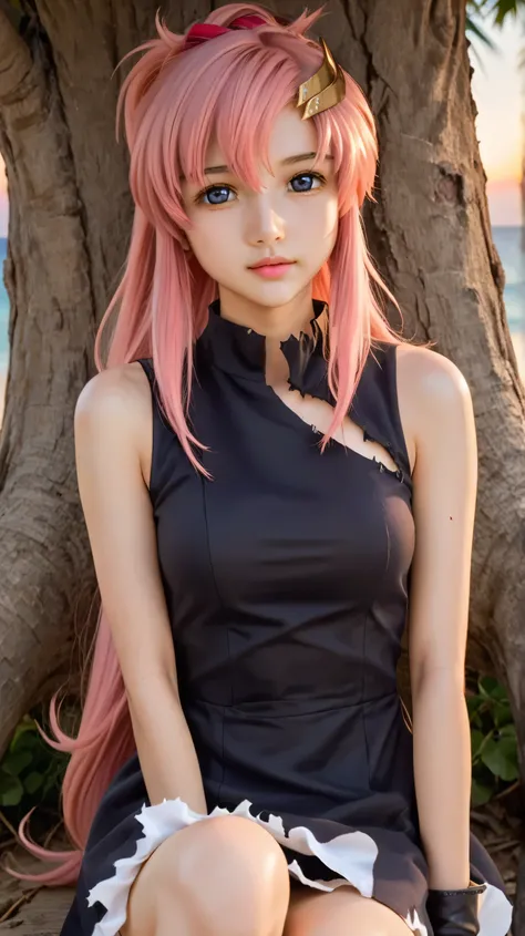 1girl, solo,lacus clyne,pink hair,very long hair,outdoors,potrait,beach background,medium breast,gold hair clip,dark blue eyes,hair ornament,front view,sitting under tree,front view,looking at viewer, sunset,(sunset light:1.5),black glove,(torn dress:1.5),...