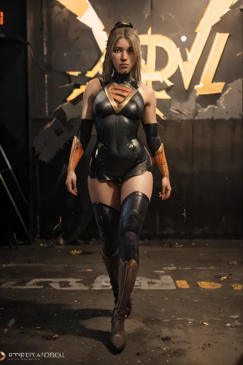 Full body, realistic, best quality hyper realistic realistic a woman with ponytail, extra long hair, olive yellow/black/orange super hero costume super hero body type, super hero skirt suit, cyberpunk superhero, body proportioned superhero type , wearing t...