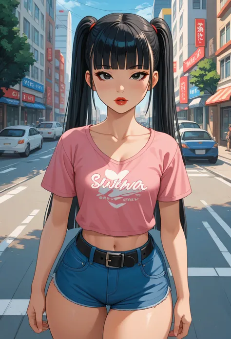 Perfect Face, Perfect Body, ((Female Asian, Face Asian)), Black Hair, (Very Long Twintails, Hime Cut Hair), Black Normal Eyebrows, Black Eyes, Red Lips, Perfect Lips, Collarbone, Cleavage, (Small Breasts), (Pink T-Shirt), (Small Waist, Normal Midriff), Sta...