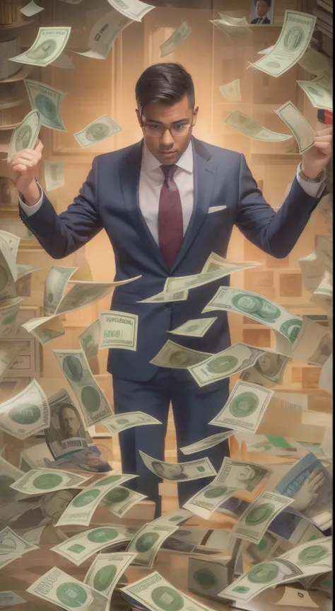 A detailed painting of a person in a suit, surrounded by a flurry of dollar bills, with the book Financial Freedom Formula in the center.