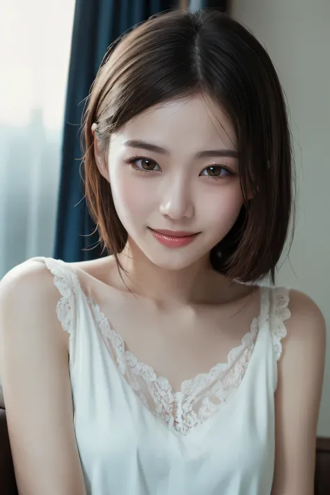 (Highest Quality、table top、8k、best image quality、Award-Winning Works)、(Beautiful girl left and right:1.1) 、indoors、Upper Body Pictures、(closed lips:1.1)、[collarbone]、(white neat nightgown with lace:1.1)、stare at me、classy hotel nightroom background、Hotel r...