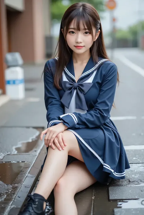  wearing a navy blue skirt and a traditional long-sleeved sailor suit with white accents、Fair-skinned Japanese  ******  professional photo of a girl .  she is sitting on a wet pavement ,  with her legs slightly open ,  Wearing .  composition emphasizes the...
