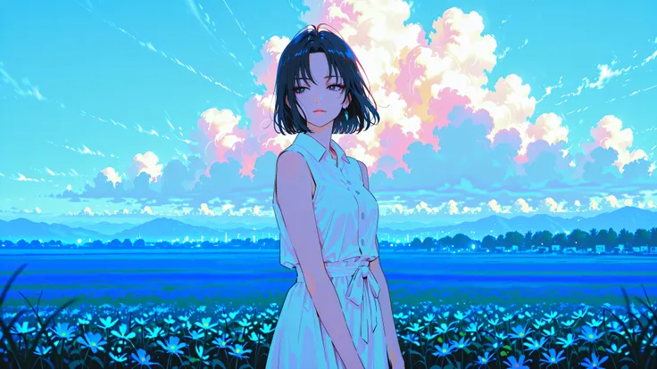 (anime-style:1.3), (bright blue sky:1.2), (inspired by Makoto Shinkai:1.2), Best Quality, amazing quality, highly detailed, beautiful sunny day, summer sky background, vast sky taking up most of the scene, fluffy white clouds, expansive meadow beneath, cin...
