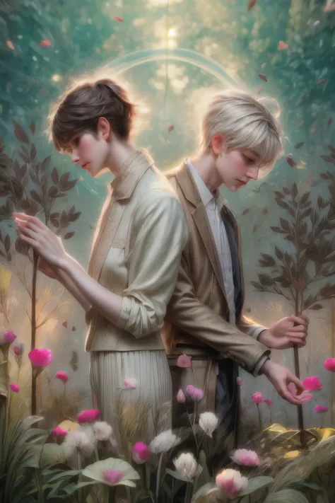 Two individuals are standing back to back in this artful and serene scene, each engrossed in a task involving delicate young plants. One person, dressed in a soft brown jacket, is carefully attending to a plant on the left side, their posture conveying min...