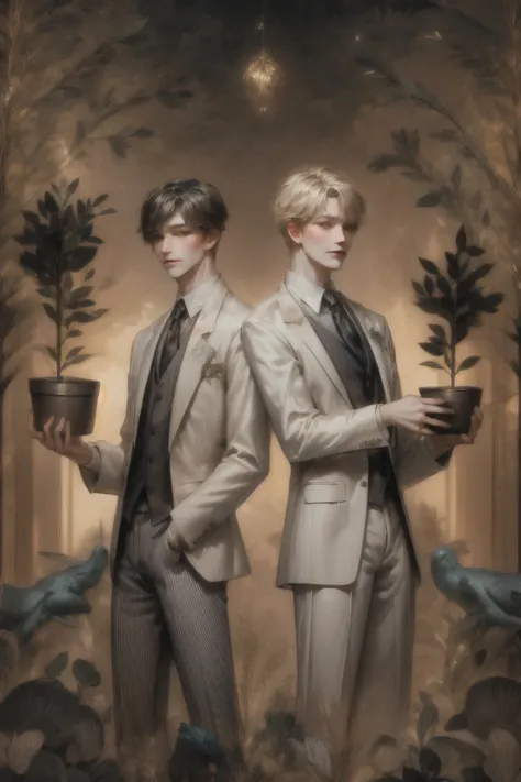 Two individuals stand in a serene and mystical forest setting, each holding a potted plant symbolic of growth and life. Their attire is formal and elegant; one wears a white blazer over a brown vest and blue tie, while the other is dressed in a tan suit wi...