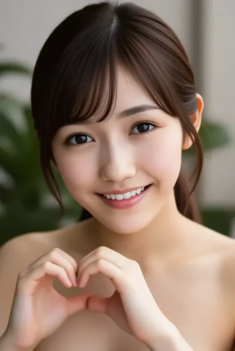 (masterpiece,best quality:1.9),8k,RAWPHOTO,nsfw, detailed skin,詳細な毛穴,Completely naked,baby face,(((Young face):1.5)),((Young body):1.6), reality, She is completely nude 、 standing with her hands in the shape of a heart in front of her chest、  Cute Smile Up...
