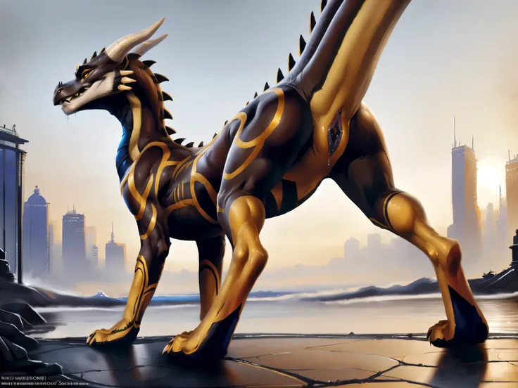 Dragon Booster Beau, female feral solo , highest quality, extremely detailed, 4k, full body, masterpiece, detailed face, perfect genitals, dynamic pose, Beau standing on 4 legs, butt facing to viewer, blushing, wet pussy,  looking at viewer seductive, rais...