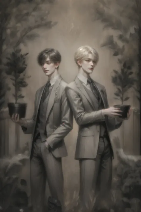 Two individuals stand in a serene and mystical forest setting, each holding a potted plant symbolic of growth and life. Their attire is formal and elegant; one wears a white blazer over a brown vest and blue tie, while the other is dressed in a tan suit wi...