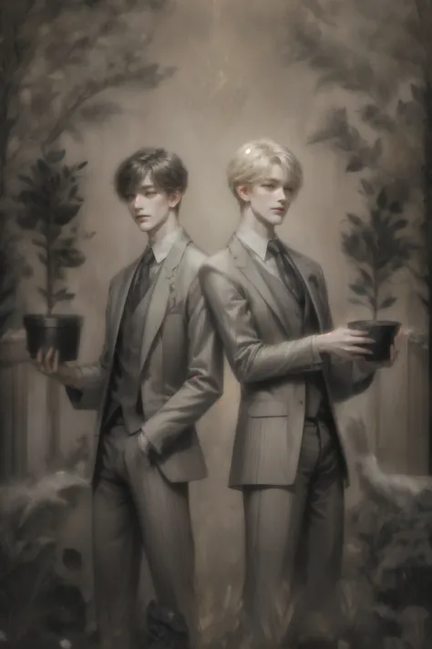 Two individuals stand in a serene and mystical forest setting, each holding a potted plant symbolic of growth and life. Their attire is formal and elegant; one wears a white blazer over a brown vest and blue tie, while the other is dressed in a tan suit wi...